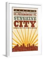 St. Petersburg, Florida - Skyline and Sunburst Screenprint Style-Lantern Press-Framed Art Print