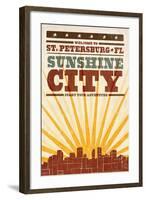 St. Petersburg, Florida - Skyline and Sunburst Screenprint Style-Lantern Press-Framed Art Print