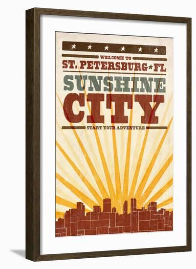 St. Petersburg, Florida - Skyline and Sunburst Screenprint Style-Lantern Press-Framed Art Print