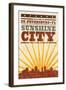 St. Petersburg, Florida - Skyline and Sunburst Screenprint Style-Lantern Press-Framed Art Print