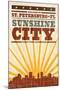 St. Petersburg, Florida - Skyline and Sunburst Screenprint Style-Lantern Press-Mounted Art Print