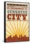 St. Petersburg, Florida - Skyline and Sunburst Screenprint Style-Lantern Press-Framed Stretched Canvas