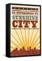 St. Petersburg, Florida - Skyline and Sunburst Screenprint Style-Lantern Press-Framed Stretched Canvas