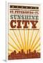 St. Petersburg, Florida - Skyline and Sunburst Screenprint Style-Lantern Press-Framed Art Print