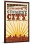 St. Petersburg, Florida - Skyline and Sunburst Screenprint Style-Lantern Press-Framed Art Print