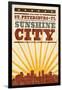 St. Petersburg, Florida - Skyline and Sunburst Screenprint Style-Lantern Press-Framed Art Print