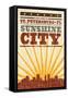 St. Petersburg, Florida - Skyline and Sunburst Screenprint Style-Lantern Press-Framed Stretched Canvas