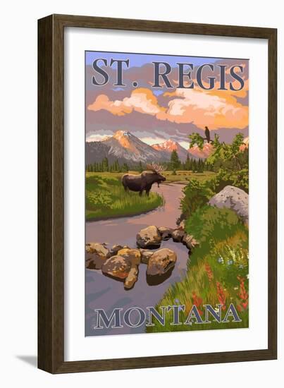 St. Regis, Montana - Moose and Meadow Scene-Lantern Press-Framed Art Print