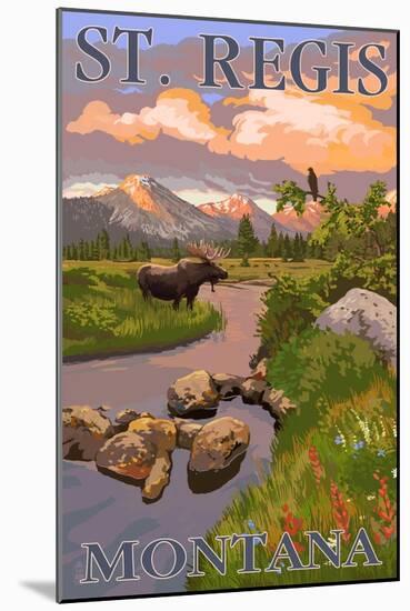 St. Regis, Montana - Moose and Meadow Scene-Lantern Press-Mounted Art Print