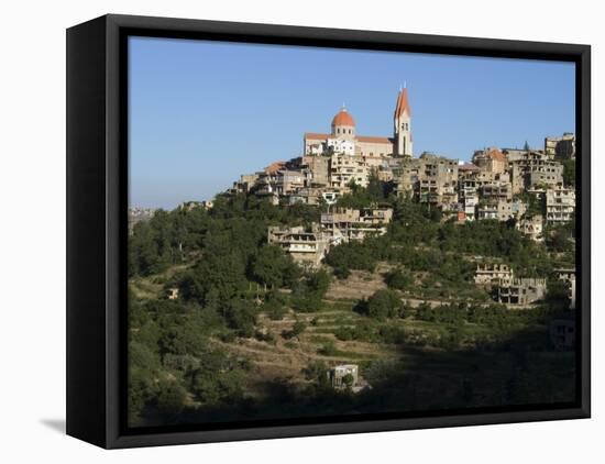 St. Saba Church and Red Tile Roofed Town, Bcharre, Qadisha Valley, North Lebanon-Christian Kober-Framed Stretched Canvas