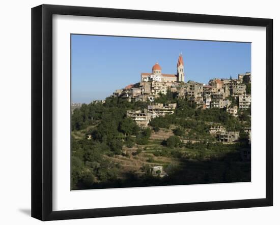 St. Saba Church and Red Tile Roofed Town, Bcharre, Qadisha Valley, North Lebanon-Christian Kober-Framed Photographic Print