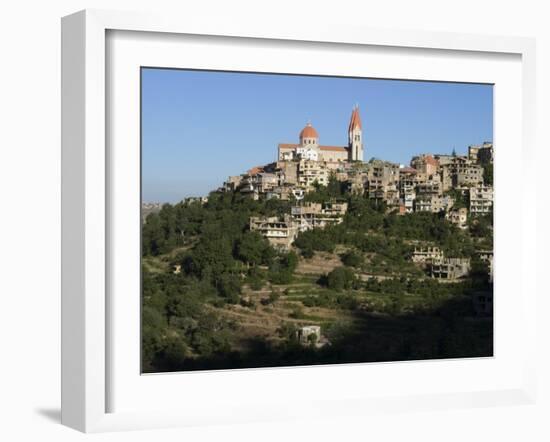 St. Saba Church and Red Tile Roofed Town, Bcharre, Qadisha Valley, North Lebanon-Christian Kober-Framed Photographic Print