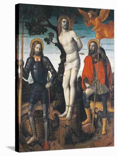 St Sebastian, St Rocco and St Giorgio, Reverse Side of the Processional Banner of Orzinuovi-Vincenzo Foppa-Stretched Canvas