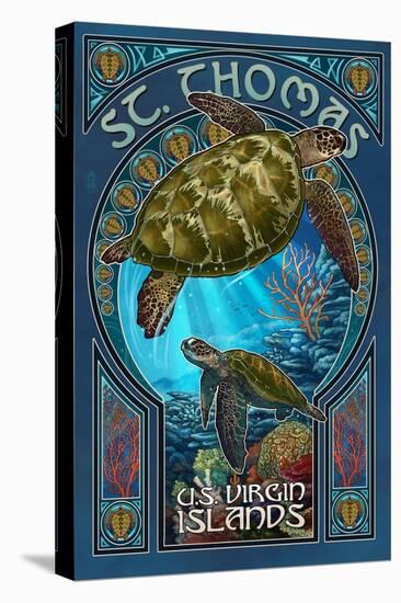 St. Thomas, U.S. Virgin Islands - Sea Turtle Art Nouveau-Lantern Press-Stretched Canvas