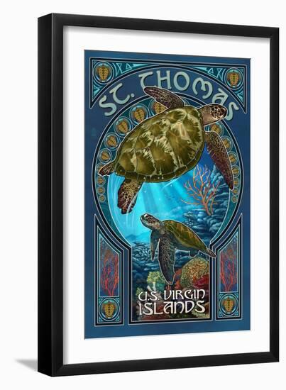 St. Thomas, U.S. Virgin Islands - Sea Turtle Art Nouveau-Lantern Press-Framed Art Print