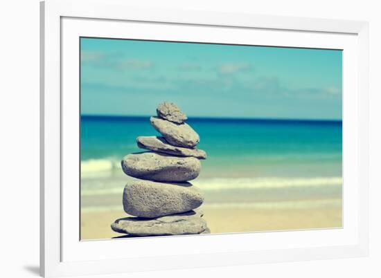 Stack of Balanced Stones in a White Sand Beach, with a Cross-Processed Effect-nito-Framed Photographic Print