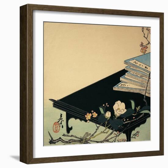 Stack of Books and Plum Blossom Flowers on a Table-null-Framed Giclee Print
