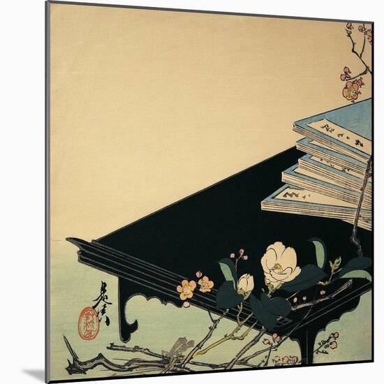 Stack of Books and Plum Blossom Flowers on a Table-null-Mounted Giclee Print