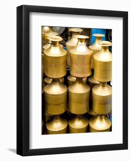 Stack of Brass Milk Jugs in Durbar Square, Kathmandu, Nepal-Bill Bachmann-Framed Photographic Print