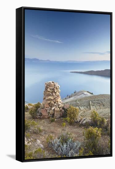 Stack of Prayer Stones on Isla del Sol (Island of the Sun), Lake Titicaca, Bolivia, South America-Ian Trower-Framed Stretched Canvas