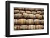 Stacked Pile of Old Whisky and Wine Wooden Barrels-MartinM303-Framed Photographic Print