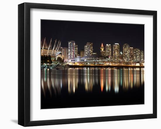 Stadium with Buildings Lit Up at Night, BC Place, False Creek, Vancouver, British Columbia, Canada-null-Framed Premium Photographic Print