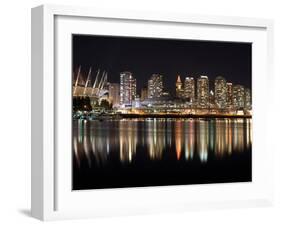 Stadium with Buildings Lit Up at Night, BC Place, False Creek, Vancouver, British Columbia, Canada-null-Framed Premium Photographic Print