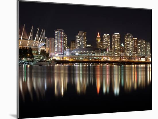 Stadium with Buildings Lit Up at Night, BC Place, False Creek, Vancouver, British Columbia, Canada-null-Mounted Premium Photographic Print