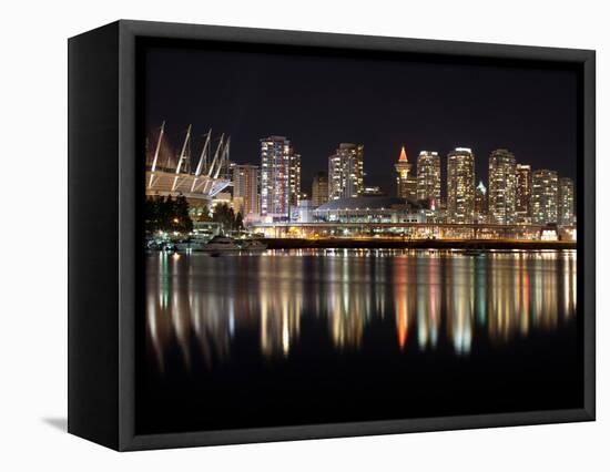 Stadium with Buildings Lit Up at Night, BC Place, False Creek, Vancouver, British Columbia, Canada-null-Framed Stretched Canvas