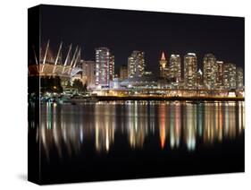 Stadium with Buildings Lit Up at Night, BC Place, False Creek, Vancouver, British Columbia, Canada-null-Stretched Canvas