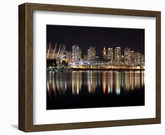 Stadium with Buildings Lit Up at Night, BC Place, False Creek, Vancouver, British Columbia, Canada-null-Framed Photographic Print