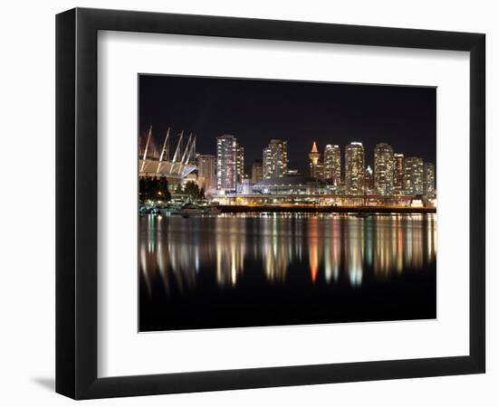 Stadium with Buildings Lit Up at Night, BC Place, False Creek, Vancouver, British Columbia, Canada-null-Framed Photographic Print