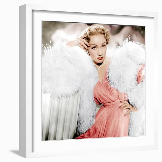 STAGE FRIGHT, Marlene Dietrich wearing a Christian Dior design, 1950-null-Framed Photo