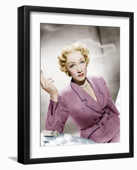 STAGE FRIGHT, Marlene Dietrich, wearing a suit by Christian Dior, 1950-null-Framed Photo