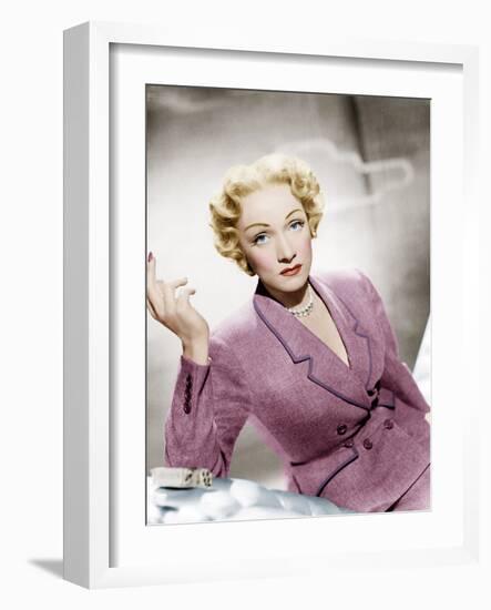 STAGE FRIGHT, Marlene Dietrich, wearing a suit by Christian Dior, 1950-null-Framed Photo