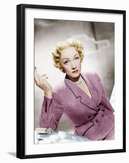 STAGE FRIGHT, Marlene Dietrich, wearing a suit by Christian Dior, 1950-null-Framed Photo