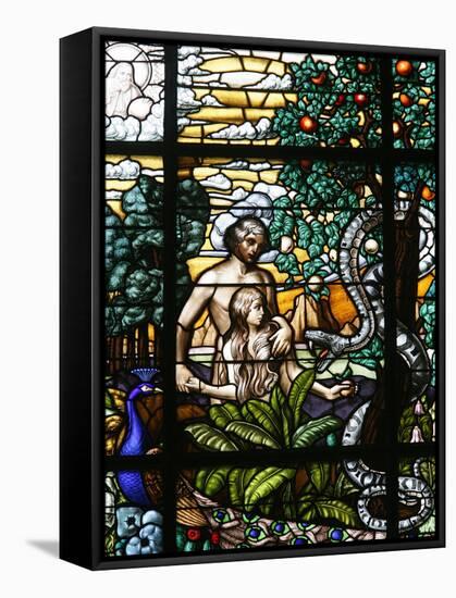 Stained Glass of Adam and Eve in the Garden of Eden, Vienna, Austria, Europe-Godong-Framed Stretched Canvas