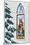 Stained Glass Window of Joseph, Mary and Baby Jesus with Pine Tree Next to It-Crockett Collection-Mounted Giclee Print