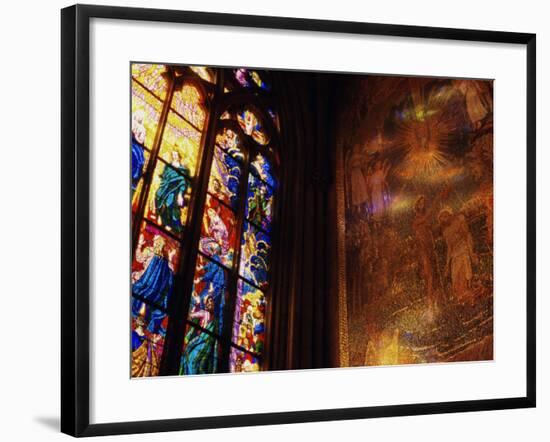 Stained Glass Window Throwing Light on Fresco, St. Vitus Cathedral, Prague, Czech Republic-Richard Nebesky-Framed Photographic Print