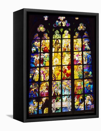 Stained Glass Windows, St. Vitus Cathedral, Prague, Czech Republic, Europe-Nigel Francis-Framed Stretched Canvas