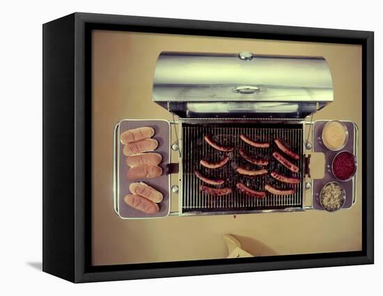 Stainless Steel Barbecue Grill, Upon Which are Buns, Hot Dogs, and Condiments, 1960-Eliot Elisofon-Framed Stretched Canvas