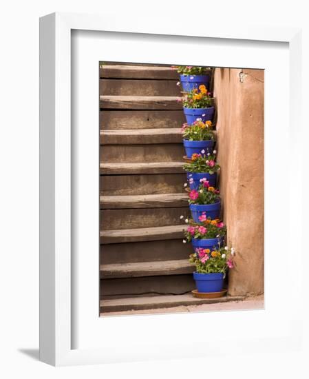 Staircase Decorated with Flower Pots, Santa Fe, New Mexico-Nancy & Steve Ross-Framed Photographic Print