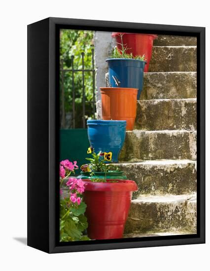 Staircase with Flower Planters, Fiskardo, Kefalonia, Ionian Islands, Greece-Walter Bibikow-Framed Stretched Canvas