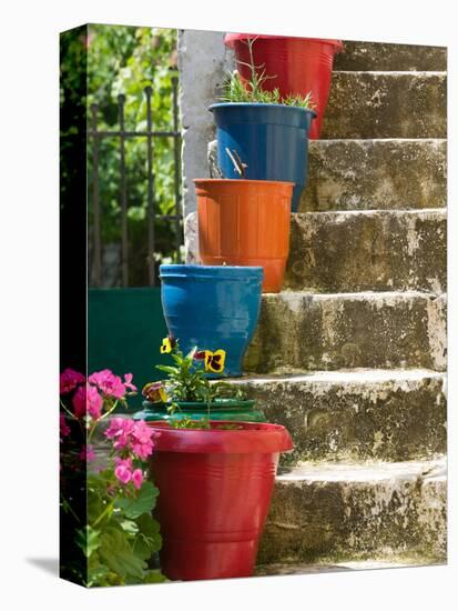 Staircase with Flower Planters, Fiskardo, Kefalonia, Ionian Islands, Greece-Walter Bibikow-Stretched Canvas