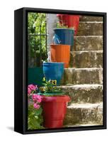 Staircase with Flower Planters, Fiskardo, Kefalonia, Ionian Islands, Greece-Walter Bibikow-Framed Stretched Canvas