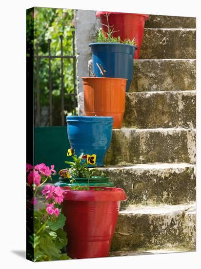 Staircase with Flower Planters, Fiskardo, Kefalonia, Ionian Islands, Greece-Walter Bibikow-Stretched Canvas