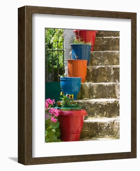 Staircase with Flower Planters, Fiskardo, Kefalonia, Ionian Islands, Greece-Walter Bibikow-Framed Photographic Print