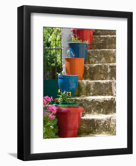 Staircase with Flower Planters, Fiskardo, Kefalonia, Ionian Islands, Greece-Walter Bibikow-Framed Photographic Print