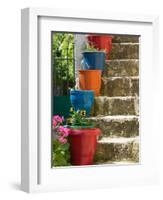 Staircase with Flower Planters, Fiskardo, Kefalonia, Ionian Islands, Greece-Walter Bibikow-Framed Photographic Print