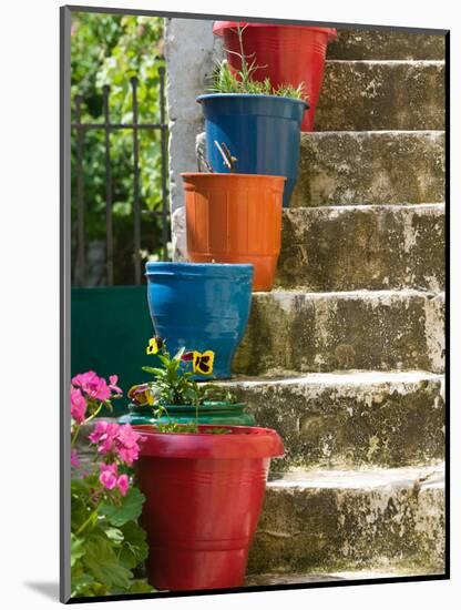 Staircase with Flower Planters, Fiskardo, Kefalonia, Ionian Islands, Greece-Walter Bibikow-Mounted Photographic Print